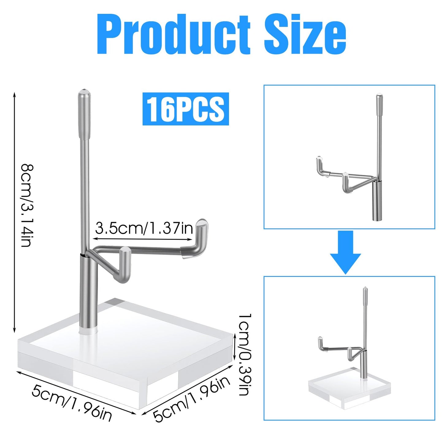 16 PCS Adjustable Metal Arms Display Stand, 2 X 2 X 3.5 Inch Small Rock Display Stand with Acrylic Base Small Displays Easel Holder Crystal Displays Stands for Picture Coral Geodes Mineral Agate