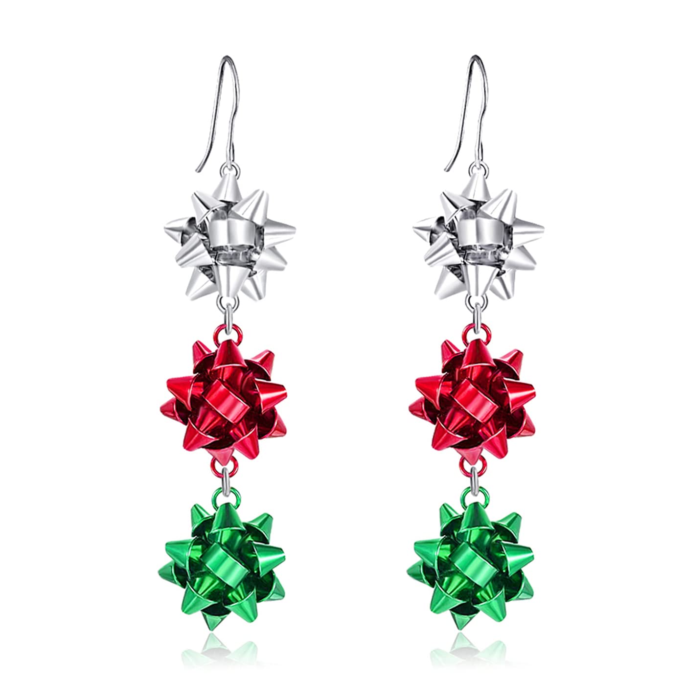 Christmas Earrings for Women, Cute Green Christmas Gift Bow Dangle Earring, Holiday Crazy Party Drop Stud Earrings (Colorful Bow)