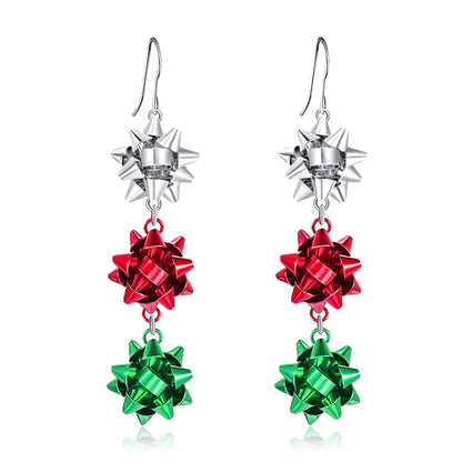 Christmas Earrings for Women, Cute Green Christmas Gift Bow Dangle Earring, Holiday Crazy Party Drop Stud Earrings (Colorful Bow)