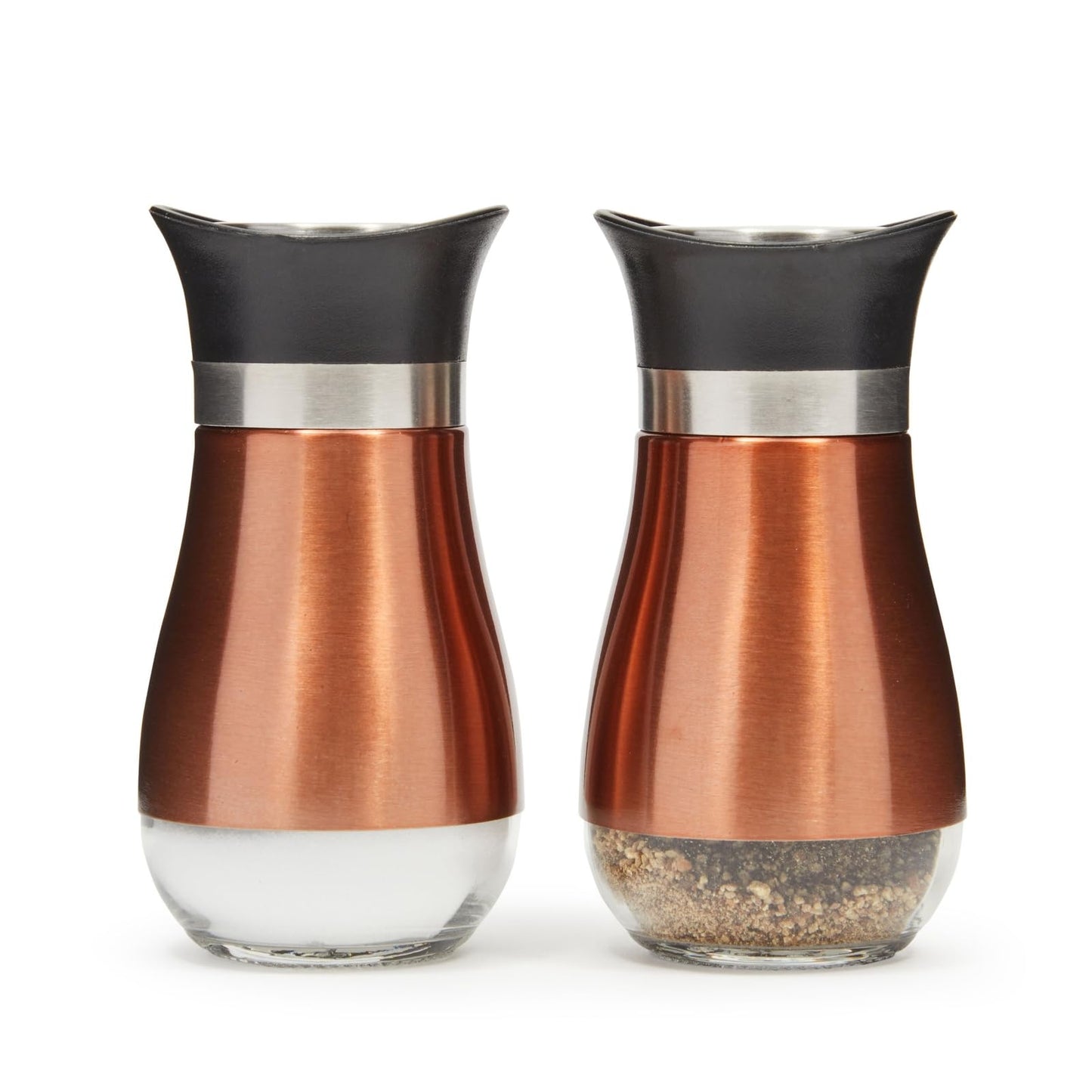 Juvale Stainless Steel Copper Salt and Pepper Shakers Set with Glass Bottom, Screw-Off Caps, Perforated "S" and "P" Designs for Kitchen, 2.5 x 2.5 x 4.5 Inches (4oz)