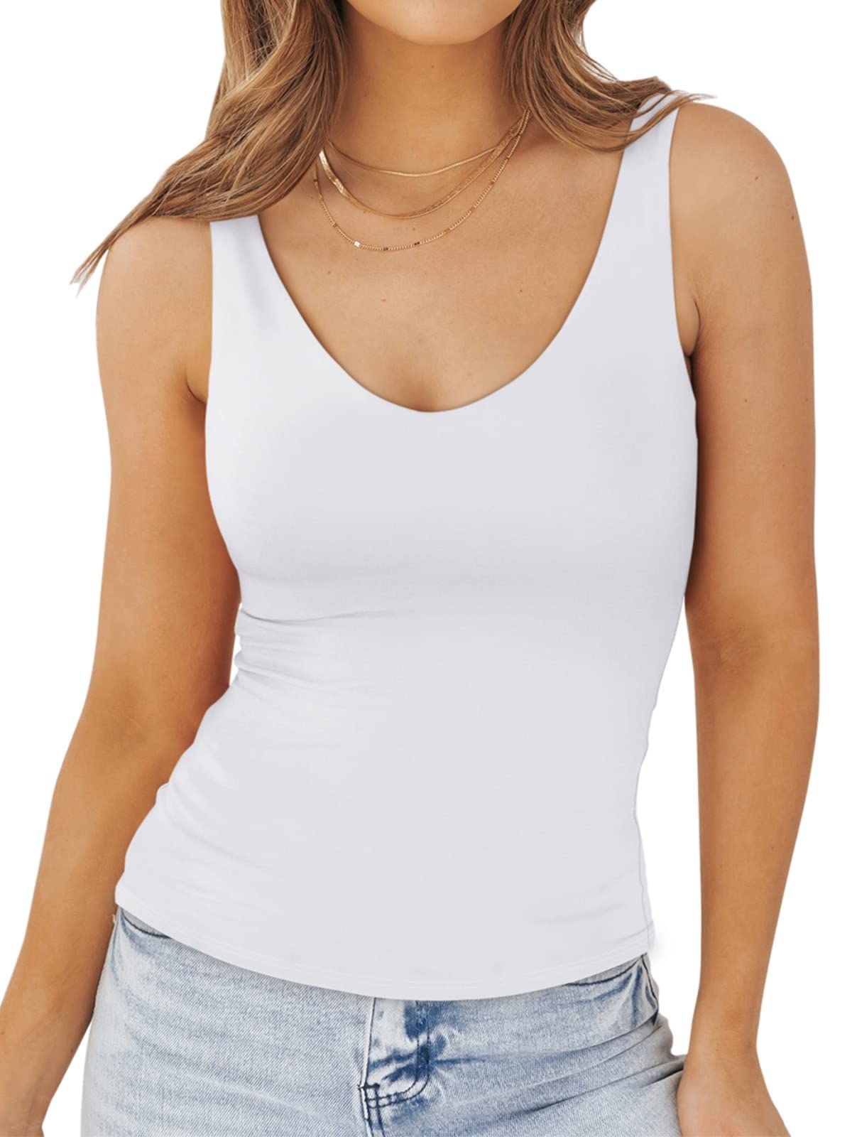 PINKMSTYLE Basic Double Lined V Neck Tank Tops for Women Slimming Workout Summer Tops Sleeveless Shirts White X-Large