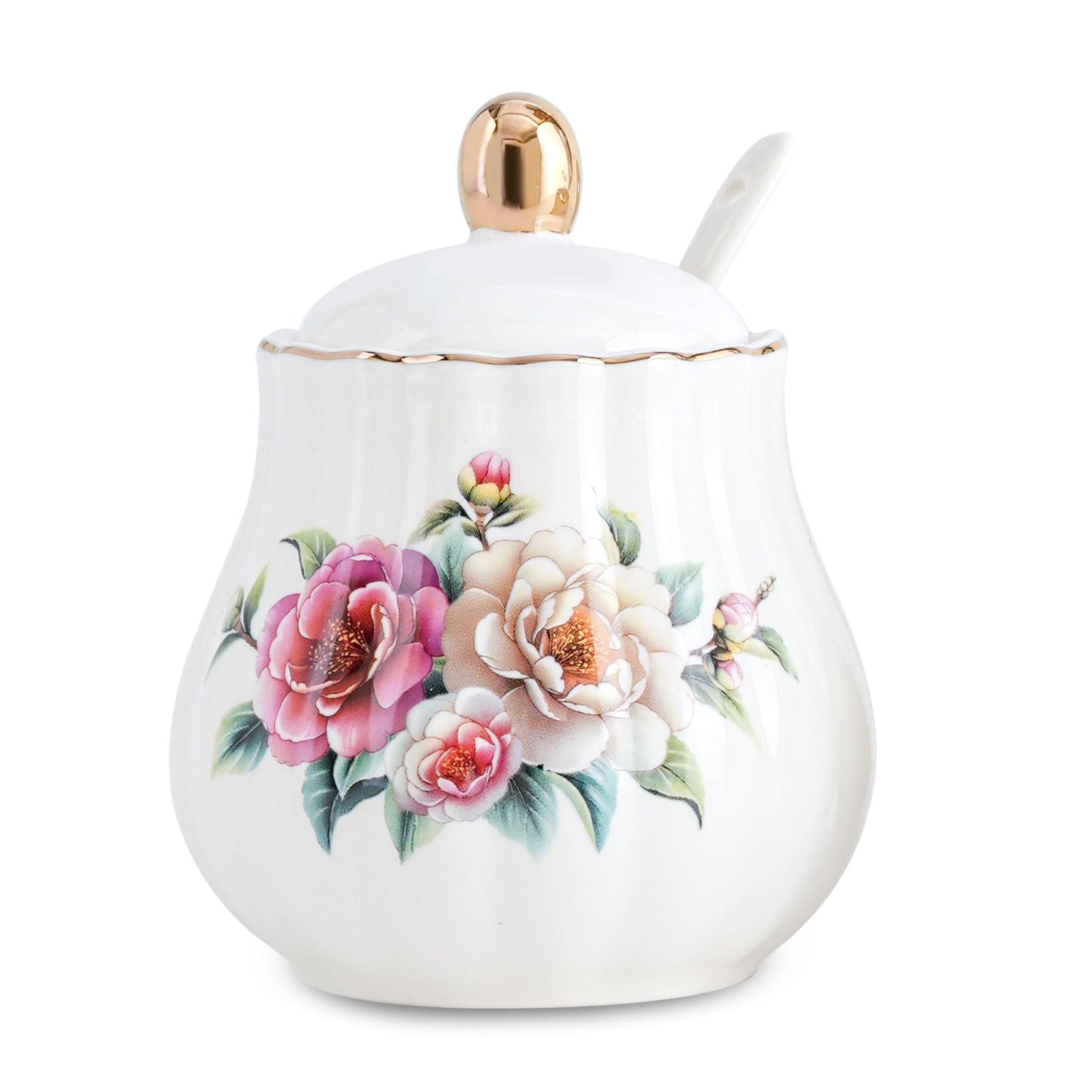 Cozierlavie Sugar Bowl with Lid and Spoon, 10.1oz Ceramic Sugar Jar for Salt，Coffee Bar, Home, Kitchen (Camellia)