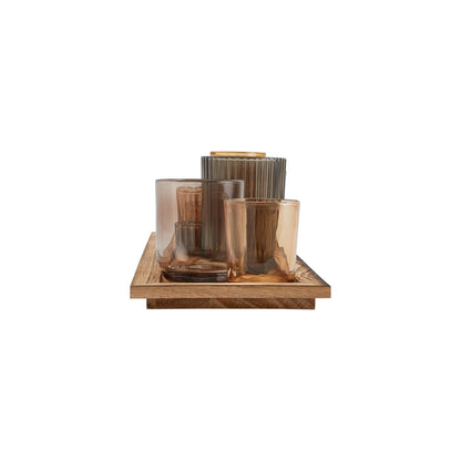 Wood Tray with 9 Brown Glass Votive Holders (Set of 10 Pieces)