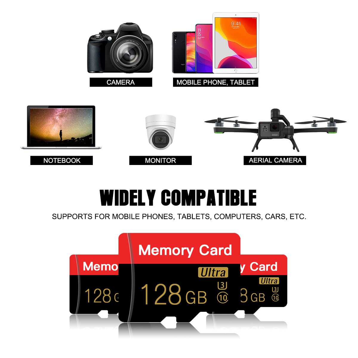 2 Pack Micro memory card 128 GB with Adapter, C10/U3/UHS-I/A1, TransFlash Card, TF card for Camera, Smartphone, Tablet, Drone (Red 128GB *2)