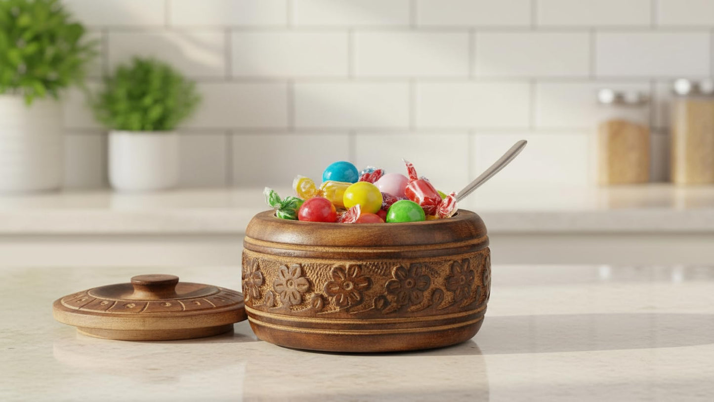 Decorative Rustic Wooden Sugar Bowl & Spoon With Lid Wide Mouth Candy Treat Jar Spice Jar Holder Condiment Nuts Serving Bowl Pot Salt Spice Herb Loose Leaf Tea Storage Container Novelty Home & Kitchen