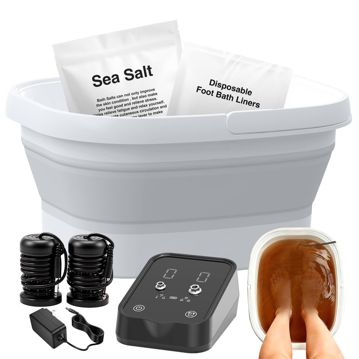 Ionic Foot Bath Detox Machine,Foot Detox Foot Bath Soak Tub with 2 Arrays,80 Disposable Foot Spa Liners, Sea Salt,Folding Foot Spa Bucket,Home Salon-Level Foot Soaking Tub