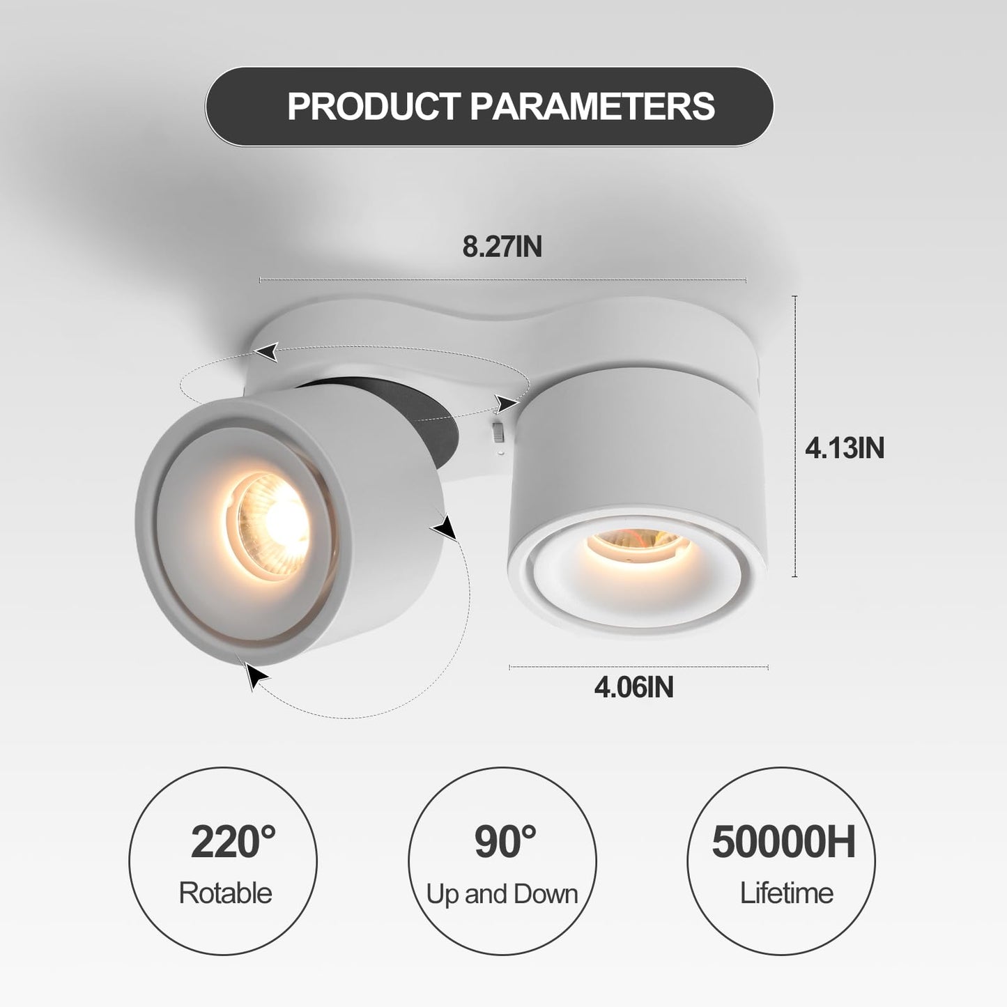 HITOO Ceiling Spot Lights Indoor, Ceiling Accent Lights 3000-6000K Selectable, 20W Dual Head LED Spot Lights, CRI 98, 220° Directional, White Ceiling Spotlight for Kitchen, Plant, Living Room