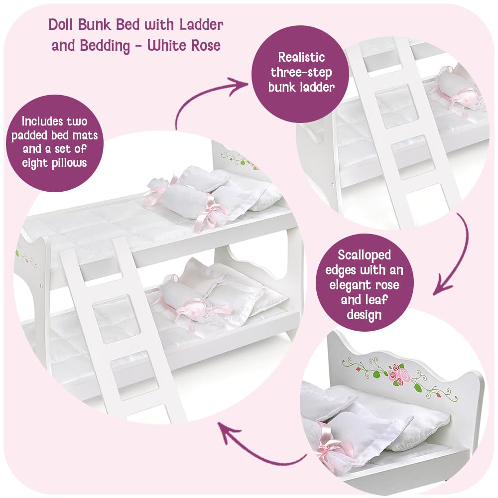 Badger Basket Doll Bunk Bed with Ladder and Bedding – Stylish White & Rose Design for 18 to 20-Inch Dolls with Pillows and Blankets