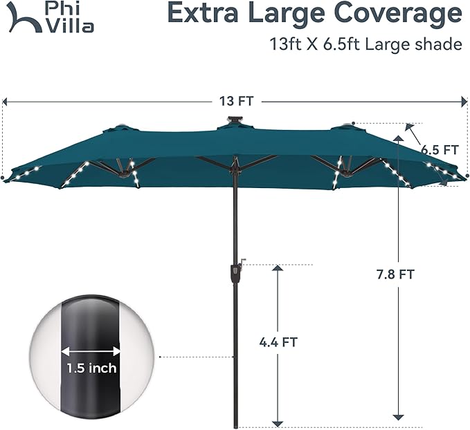 PHI VILLA 13ft Patio Umbrella with Solar-Powered 120 PCS LED Color-Changing Lights, Triple-Head Large Rectangle Umbrella Outdoor Patio for Table with Crank Lift,Cyan(No Base)