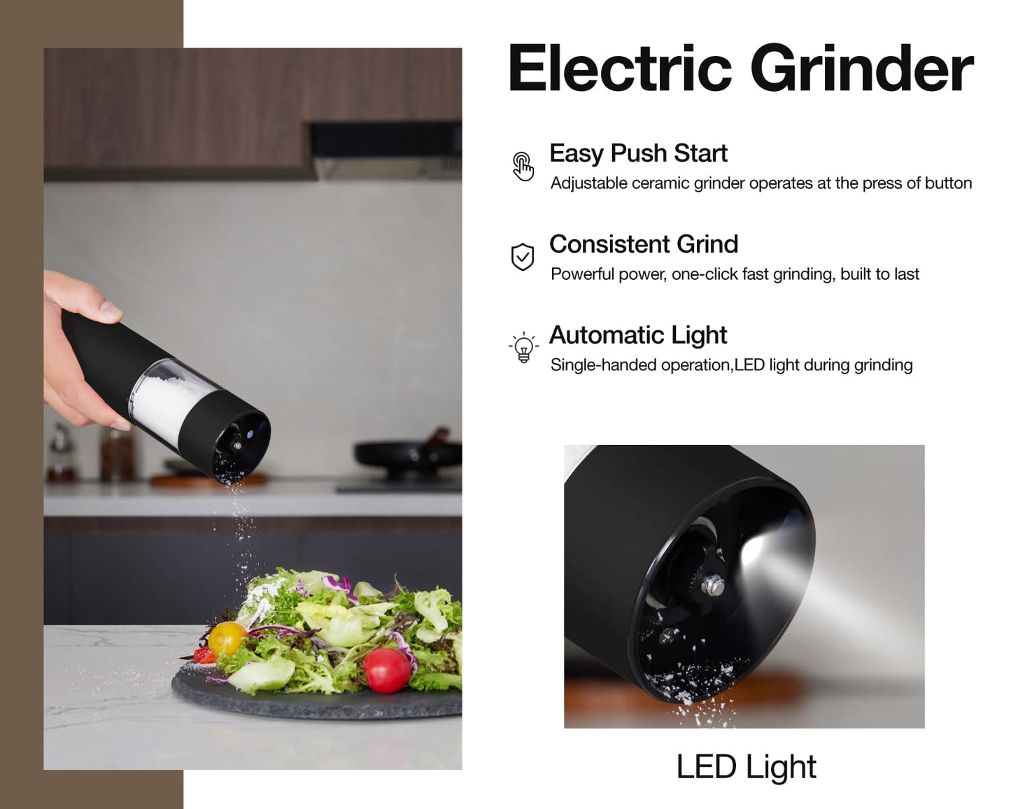 Stainless Steel Rechargeable Electric Salt and Pepper Grinder Set, USB Charging with Dust Cover, 6 Adjustable Grinding Modes + LED Light 2packBlack+Cream
