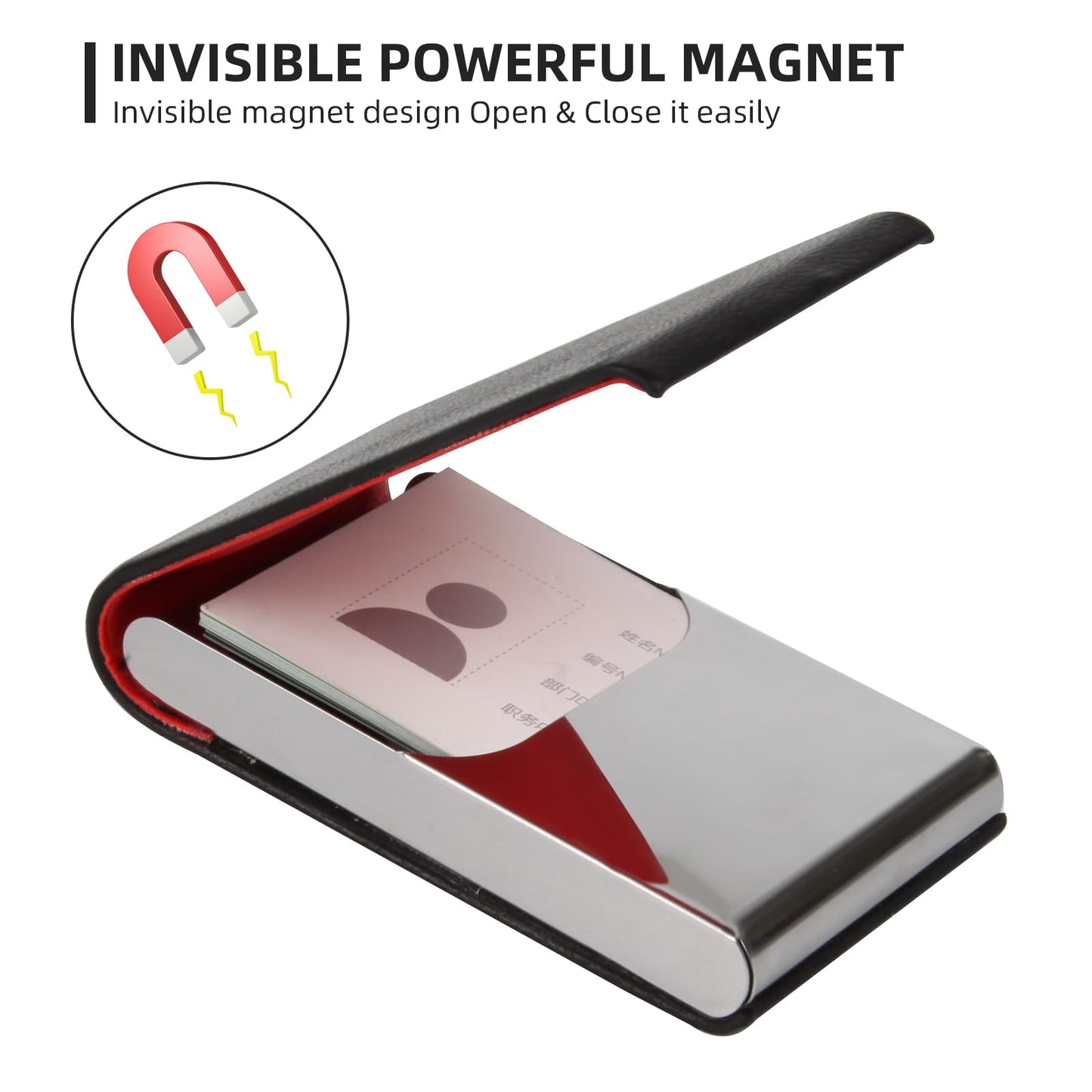 Stainless Steel Leather Business Card Holder - Magnetic Case, Suitable for Business, Note & Credit Cards (Black)