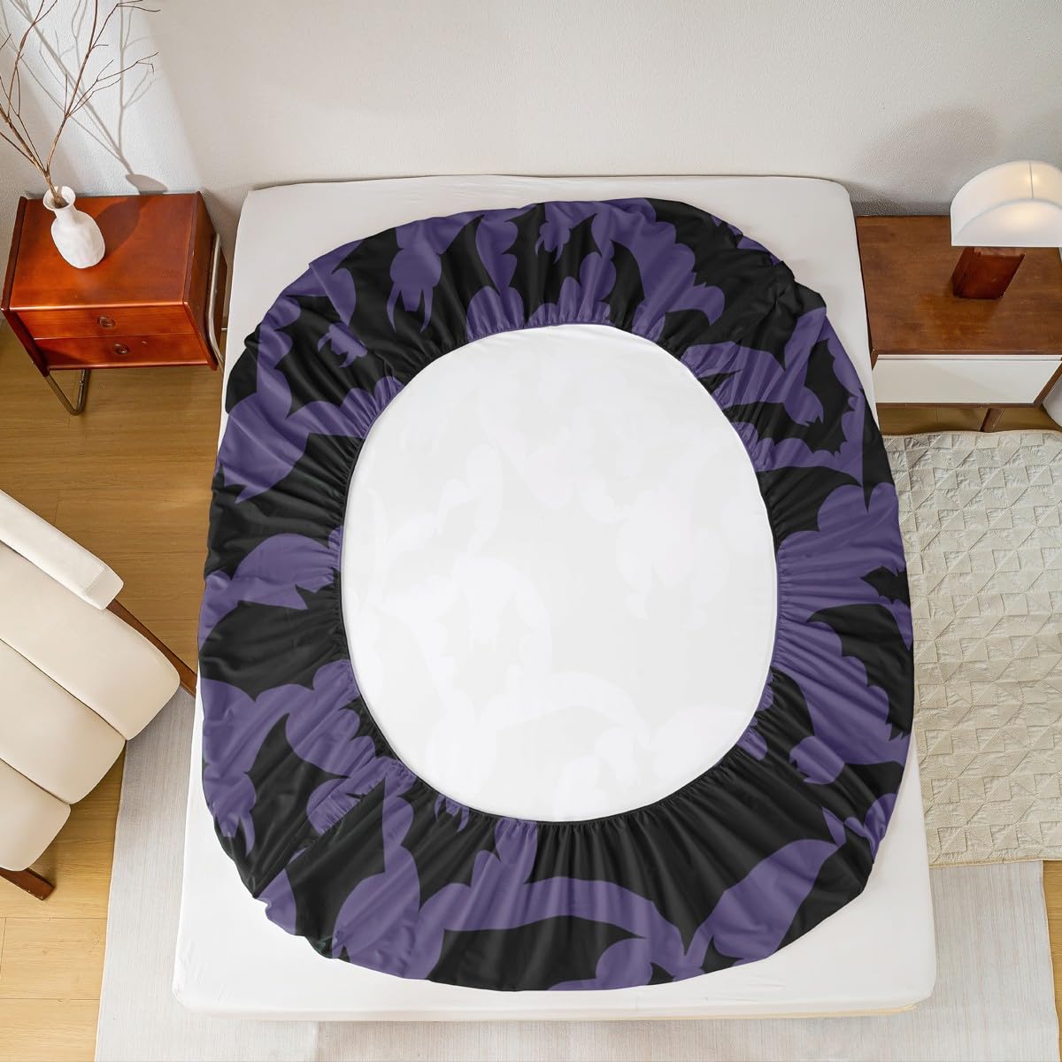 Castle Fairy Halloween Themed Bed Sheet Set King Size,Black Bats Animal Print Fitted Sheet + 1 Flat + 1 Pillowcase,Dark Purple Color Polyester Bed Mattress Cover, Gift for Man Couple
