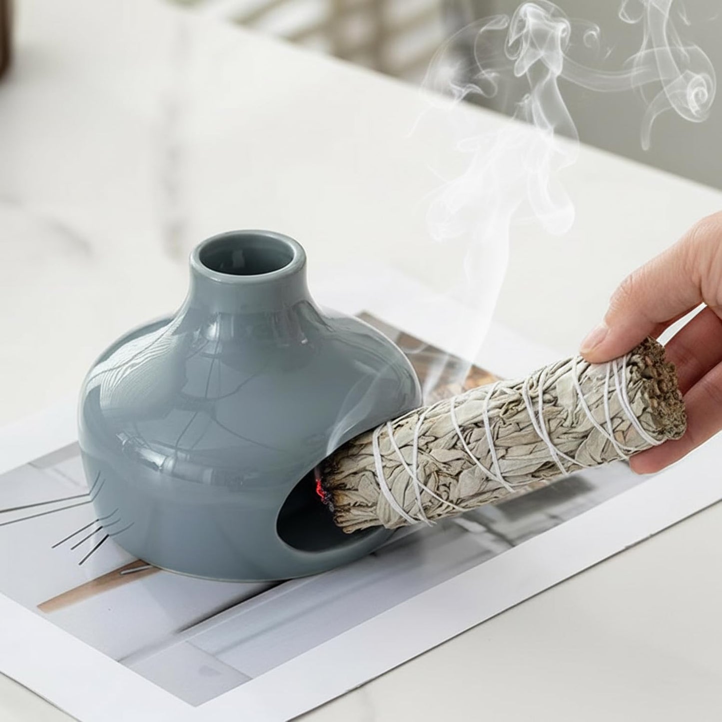 METACKLE Ceramic Palo Santo Holder, Burner and Chimney for Sage, Incense Sticks, Meditation, Yoga, Relaxation, with Heat-Resistant Base, Home Decor