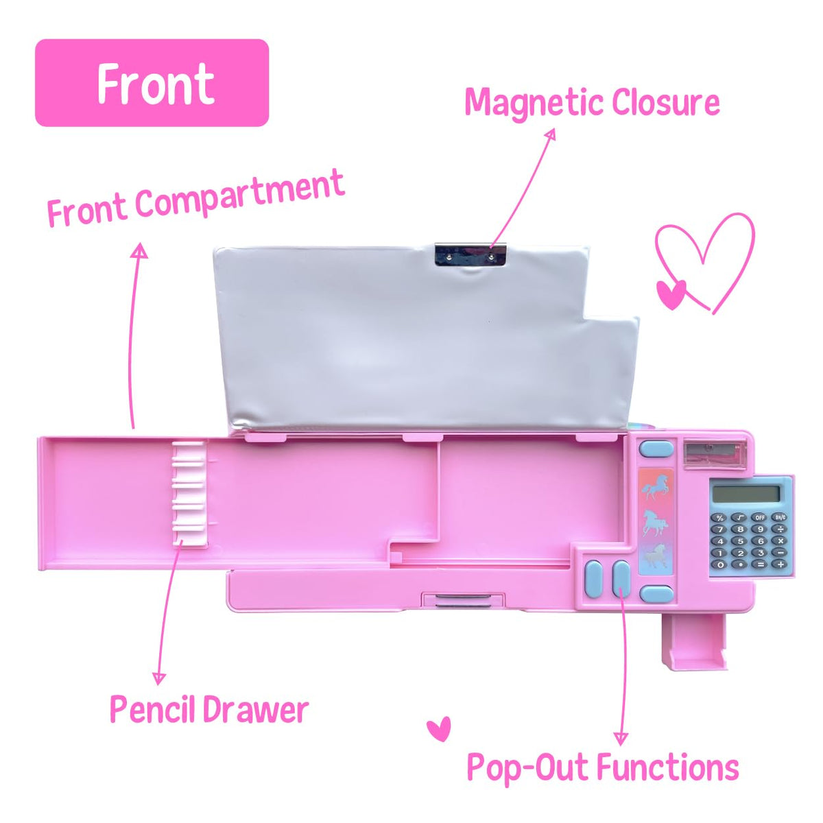 Hot Focus Unicorn Pencil Case – Multifunction Mechanical Pencil Box for Girls, 2 Compartments w/Pop-Out Calculator & Sharpener, Stationery Set, Perfect Stationery Gift for Kids & Teens (Unicorn)