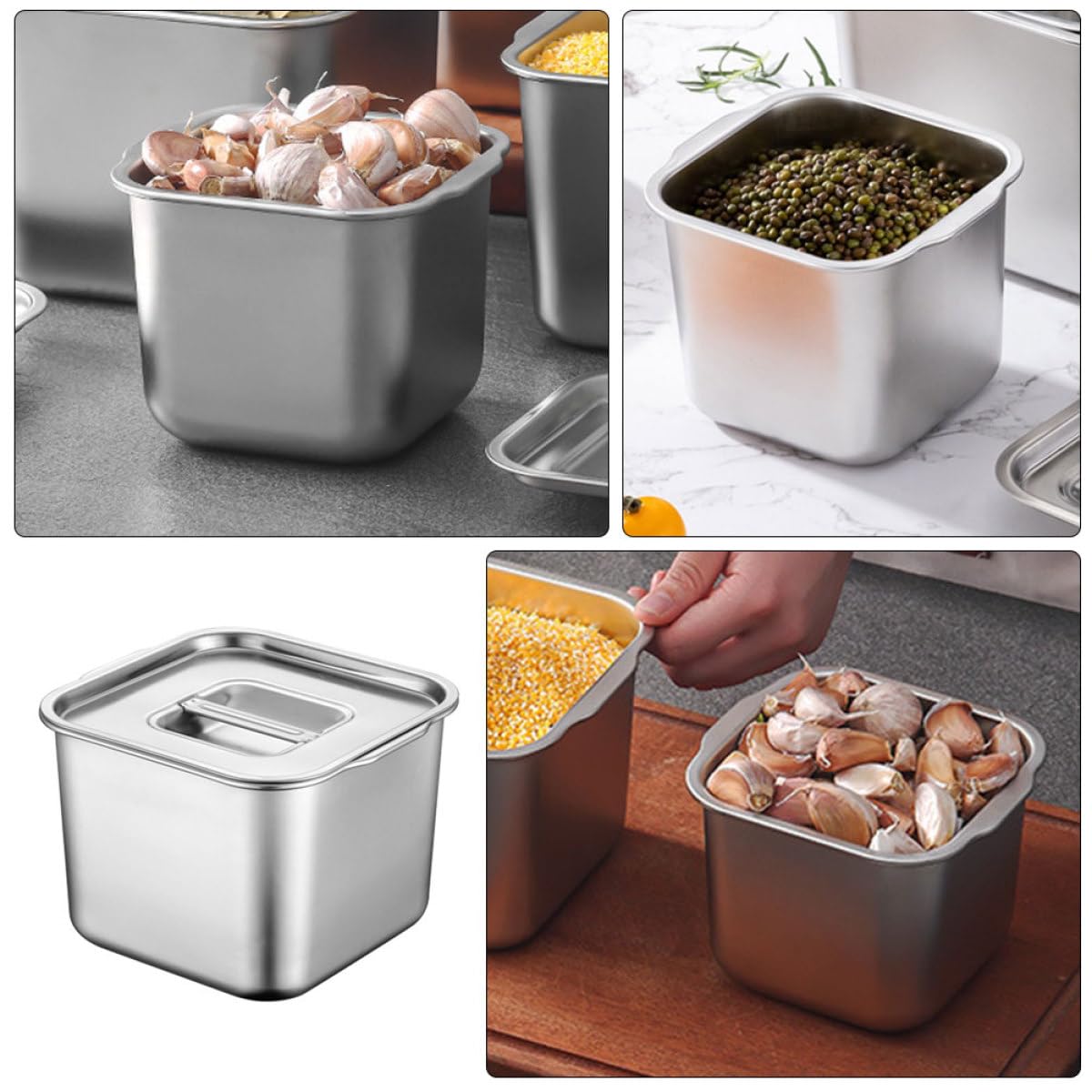 NUOBESTY Stainless Steel Condiment Pot with Lid Seasoning Jar for Kitchen Spice Container Silver Countertop Container for Sugar Salt and Sauce 4.72 X 4.72 X 3.93 in