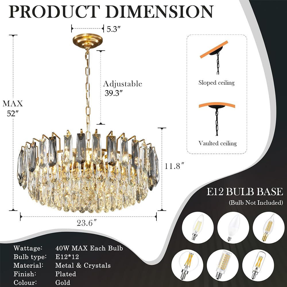 XIAOQIWU 23.6" Modern Crystal Chandelier with Grey Crystal Gold 3-Tier Luxury Pendant Light 12-Light Ceiling Pendant Lighting for Dinning Room Living Room Foyer