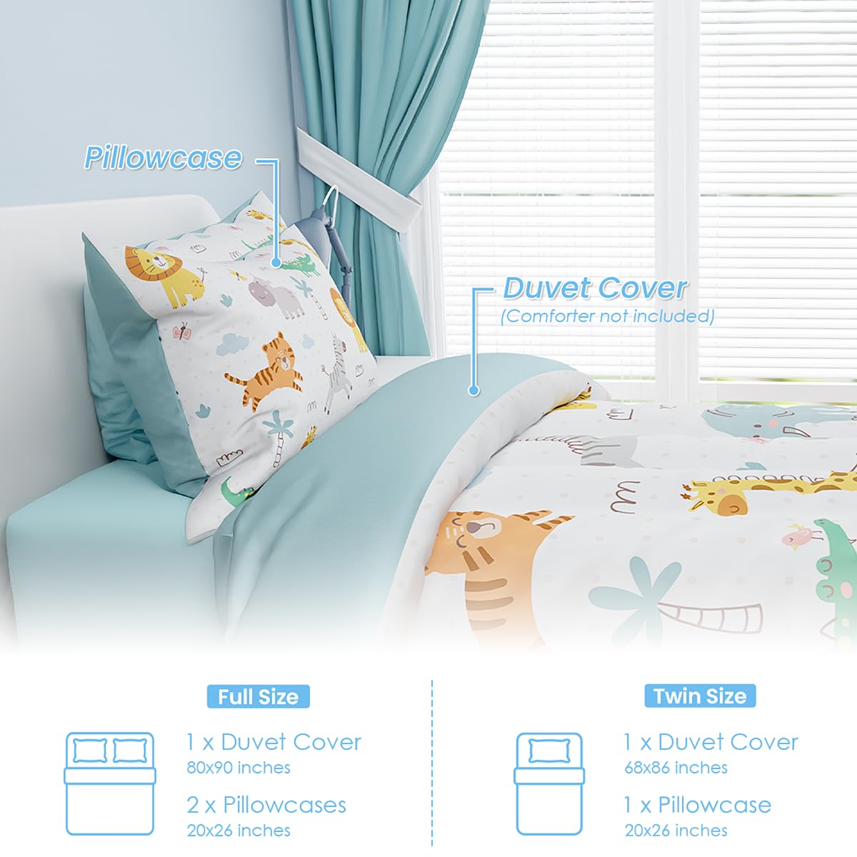 SANDJEST Animal Duvet Cover Sets Full Size for Kids Boys Girls, Include 1 Polyester Comforter Cover 80x90 Inches and 2 Pillowcases 20x26 Inches, Comforter Not Included, Gift for Christmas Birthday