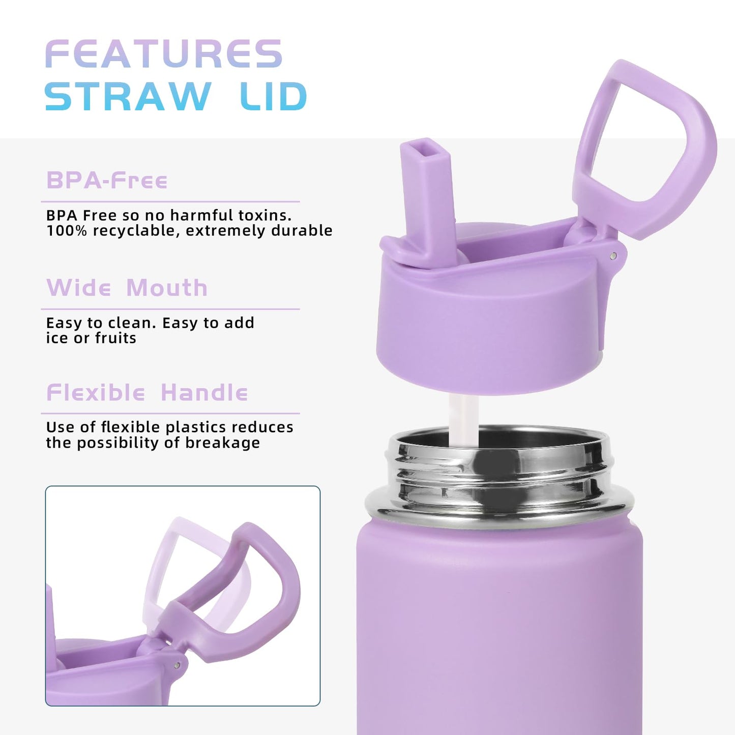 Volhoply 14oz KIds Stainless Steel Insulated Leakproof Water Bottle with Straw Lid and Silicone Boot,BPA-Free Easy Use for Boys&Girls,Double Wall Vacuum Bottles(Lavender Blue,1)