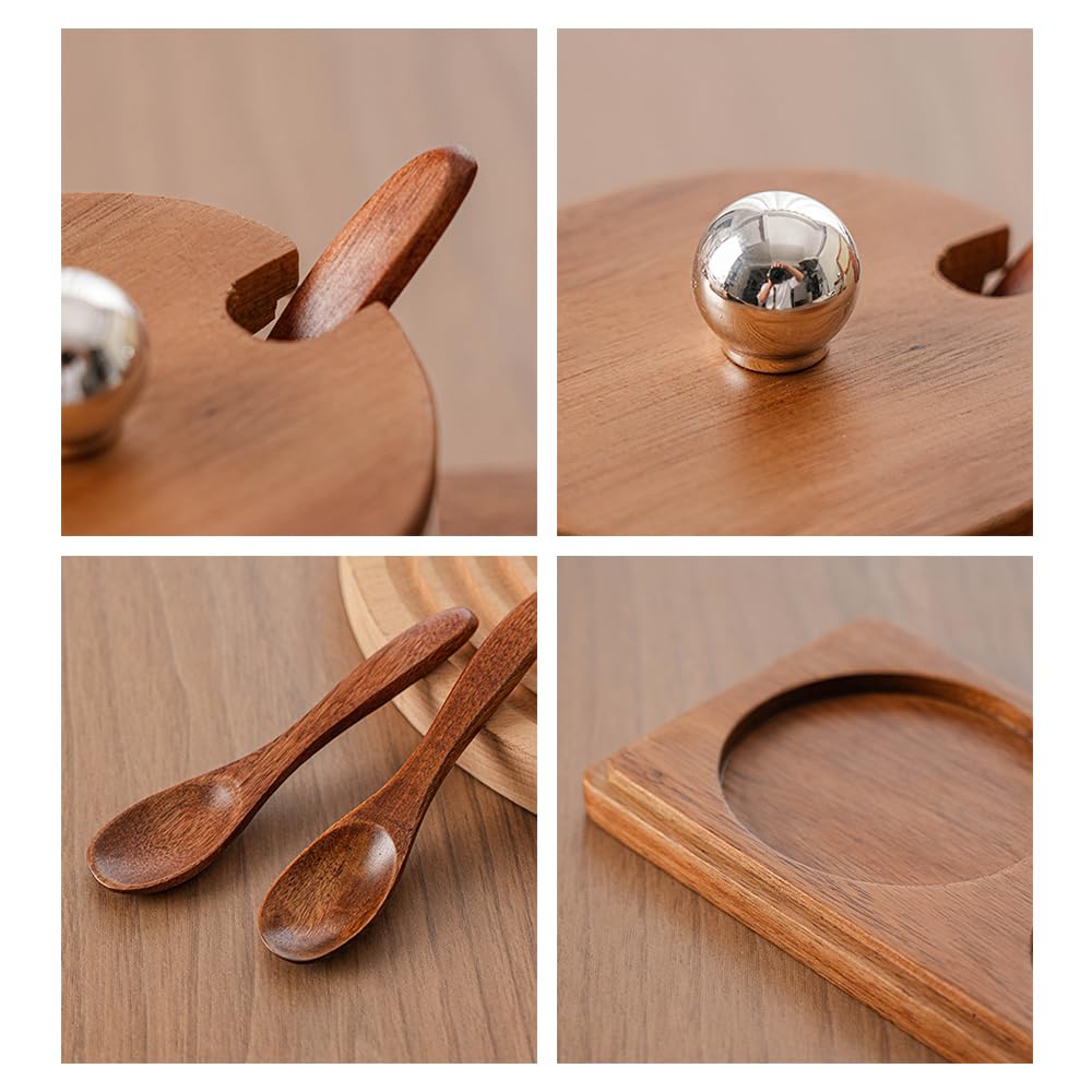 Condiment Containers Set with Acacia Wood Lids and Tray Seasoning Box Condiment Pots Jars with Spoons for Spice Salt Sugar Cruet (Silver Top, 2 Jars with Tray)