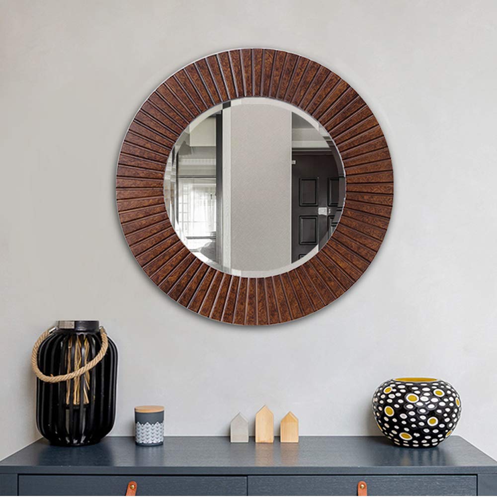 Chende 30'' Round Mirror with Wood Frame, Large Decorative Mirror for Wall, Farmhouse Bathroom Mirror with Bronze Groove Finish for Living Room, Entryway, Bedroom