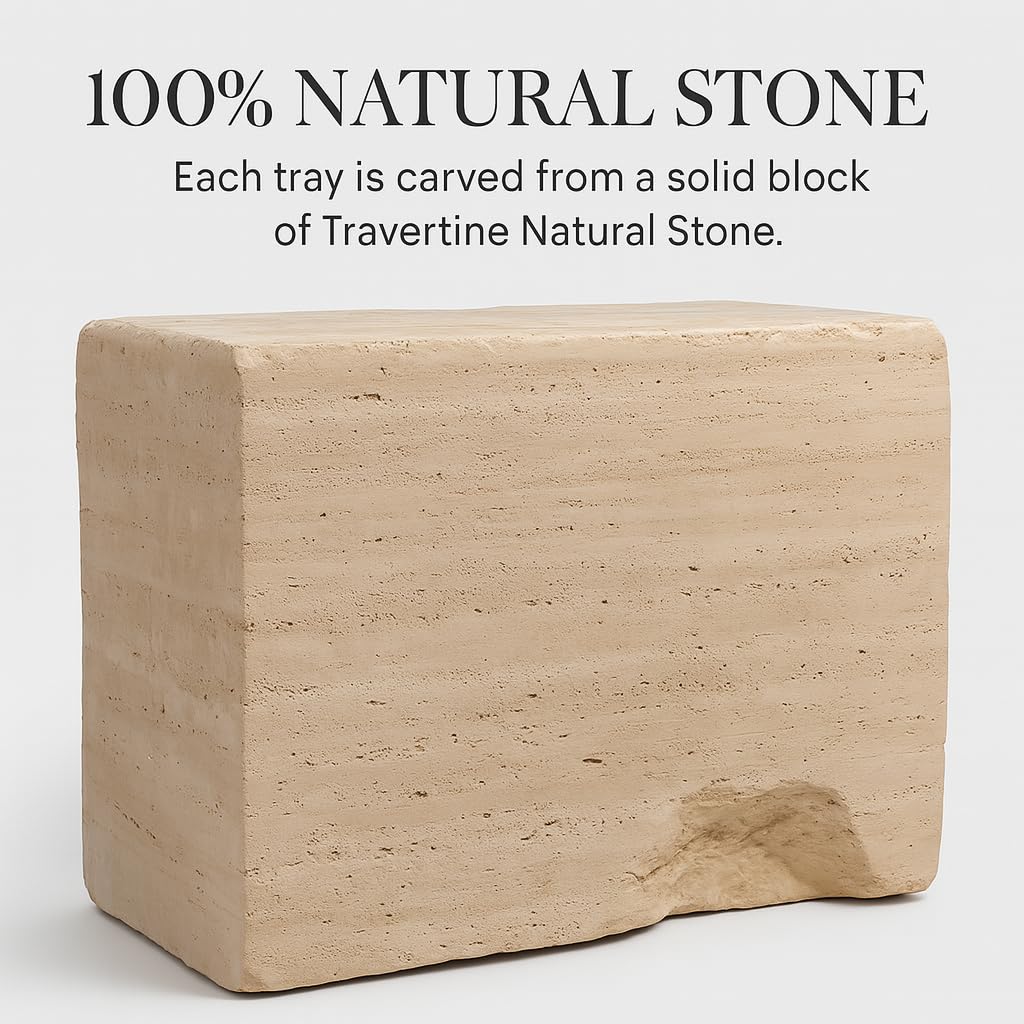 Veinova Scalloped Travertine Tray, Elegant Decorative Natural Marble Tray for Vanity, Bathroom, Kitchen and Home Decor, Pure Natural Stone, Premium Packaging, Large (12"x 8")