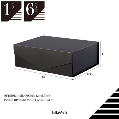 BLK&WH 6 Gift Boxes - 11.5x8.1x3.8 Inches, Large Black Magnetic Groomsman Boxes with Lids (Matte Black)