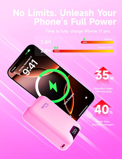 Gidues M2 Portable Charger, 20000mAh Power Bank, PD 35W Ultra Fast USB-C Built-in Cable, Compact Cute Mini External Battery Pack for iPhone, Samsung, Android iPad (Pink)