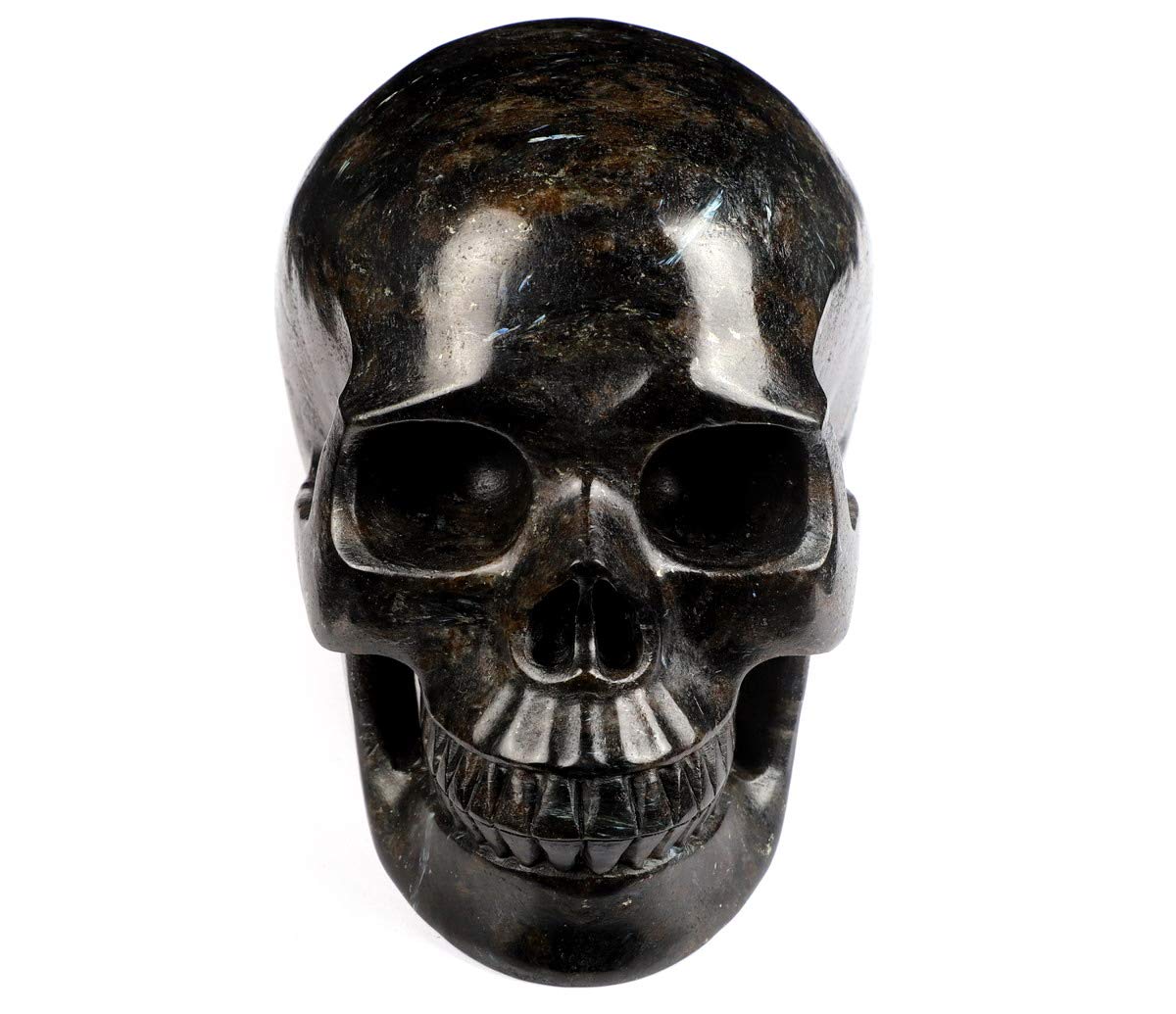 Skullis 5.0" Russian Arfvedsonite Crystal Skull, Hand Carved Gemstone Fine Art Sculpture, Reiki Healing Stone Statue.