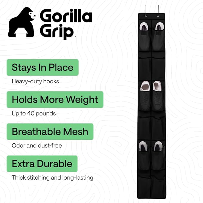 GORILLA GRIP Over the Door Shoe Organizer, 12 Large Breathable Mesh Pockets