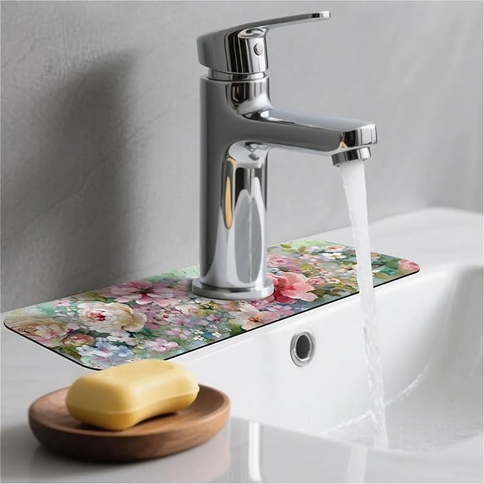 Kitchen Sink Splash Guard，soft-watercolor floral Faucet Mat Sink Gadgets-Super
