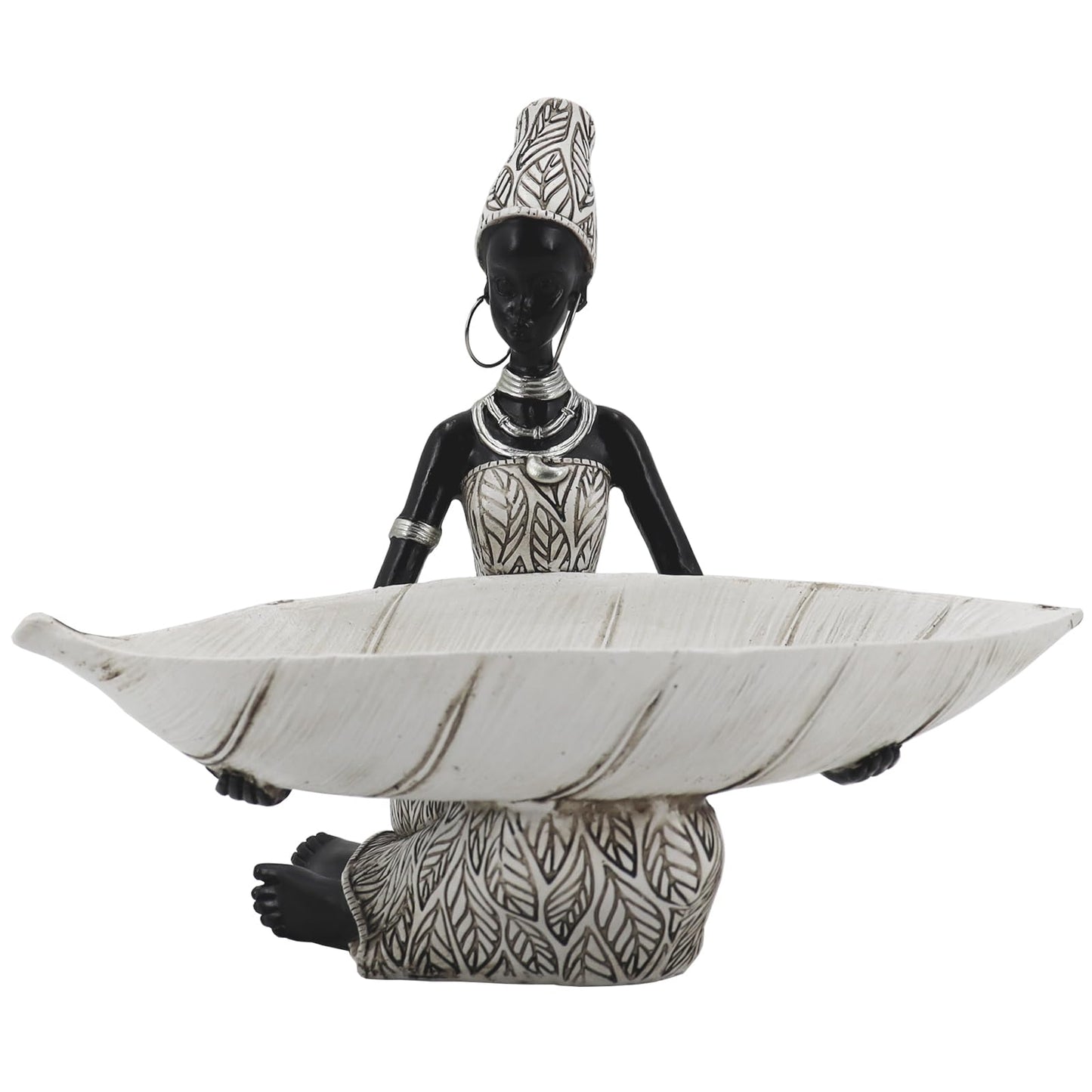 Lescafita African Woman Resin Tray Figurine, White Leaf Decorative Bowl Sculpture, Boho Tribal Art Statue for Jewelry Storage and Home Decor