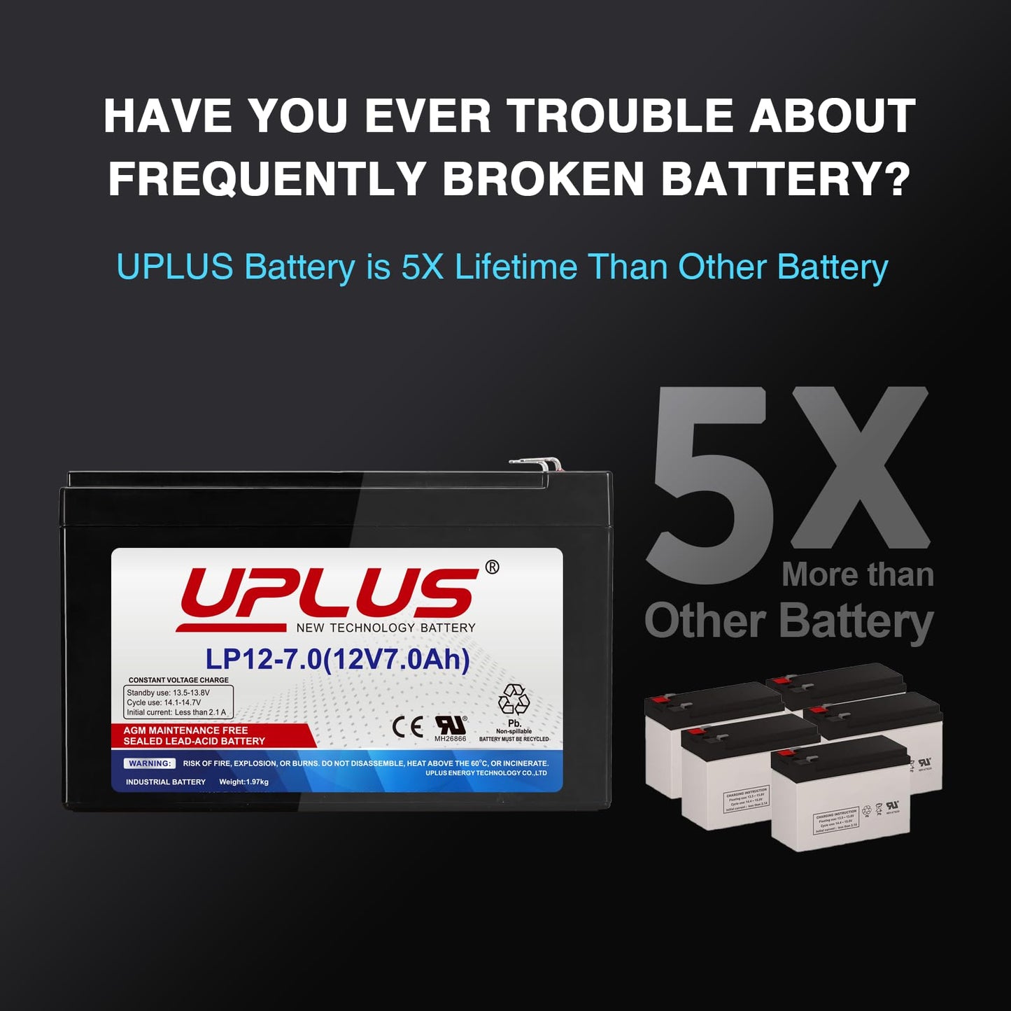 UPLUS 12V 7Ah Battery LP12-7.0, with T1(F1) Terminal, SLA Rechargeable Battery for UPS, Home Alarm, Garage Doors, Replace APC RBC17, LSLA7-12, NP7-12, Y7-12 | Confirm size before order