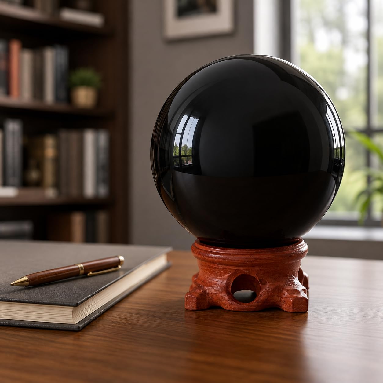 Lodkksg Black Obsidian Crystal Ball 90mm (3.54-inch) with Wooden Stand — Natural Polished Black scrying Ball, Suitable for Meditation and Home Decor.