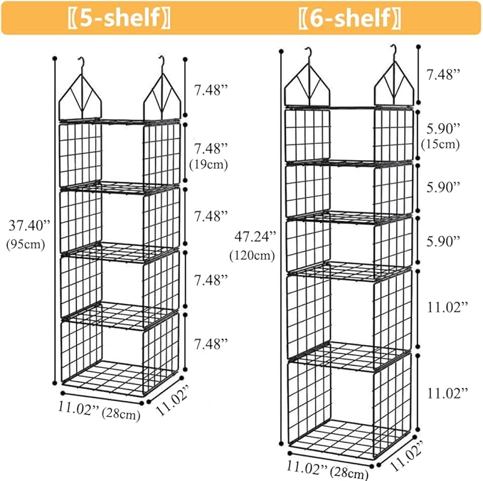 Hanging Closet Organizer, Carbon Steel 5-Shelf Hanging Storage, Collapsible