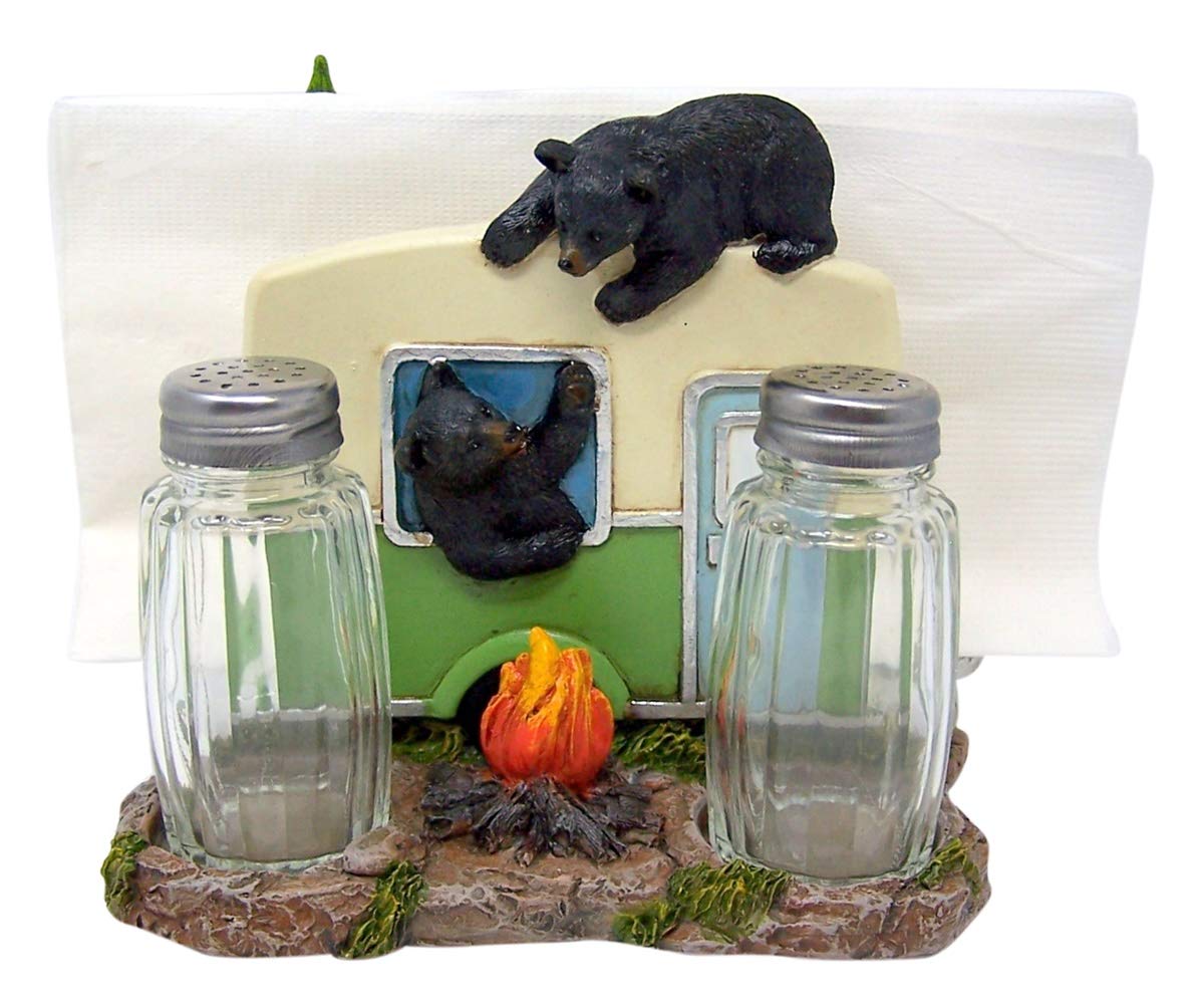 Rustic Kithcen Accessory- Black Bear in a Camper Salt and Pepper Shaker and Napkin Holder, 5 Inch (Shakers Included)