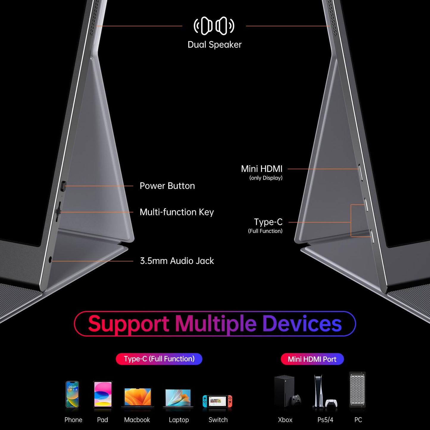 Portable Monitor 15.6 Inch 1080P USB-C HDMI Ultra-Slim Travel Monitor with Kickstand, for Laptop, PC, Mac Phone, PS, Xbox, Swich IPS Ultra-Thin Zero Frame Gaming