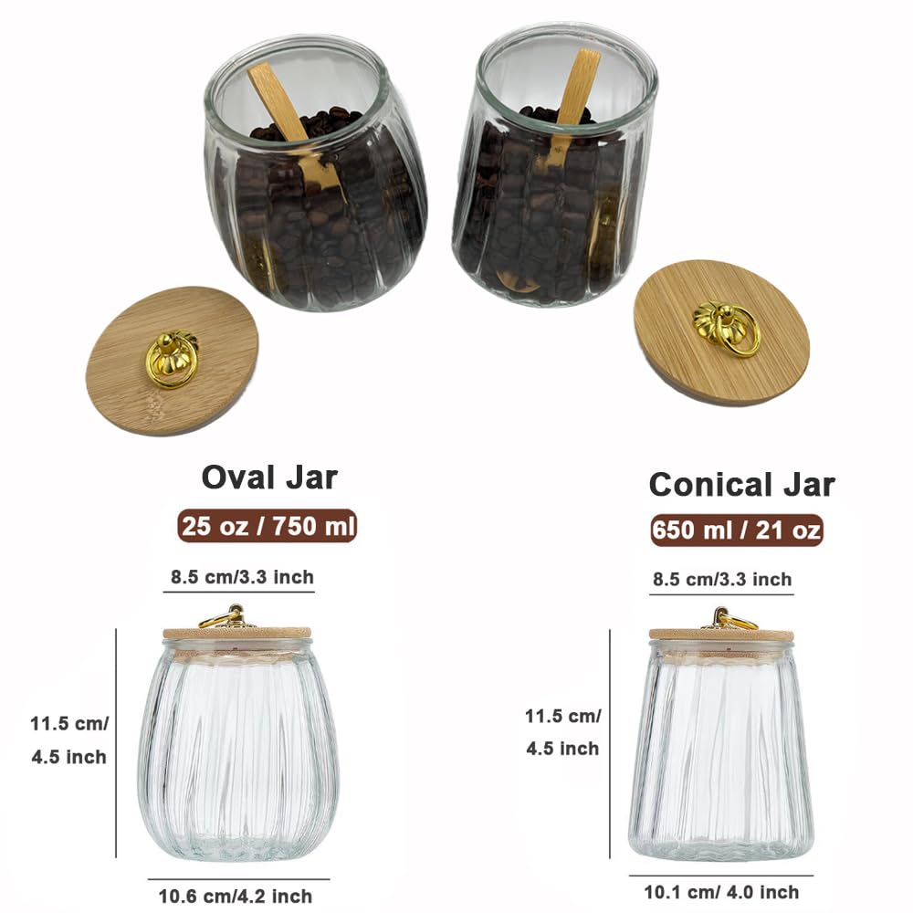 BEECO GIF2U Glass Airtight Storage Jars with Spoons,Bamboo Lid Canister for Foods,Decorative Container with Metal Handle Easy to Grasp 2Pack Oval