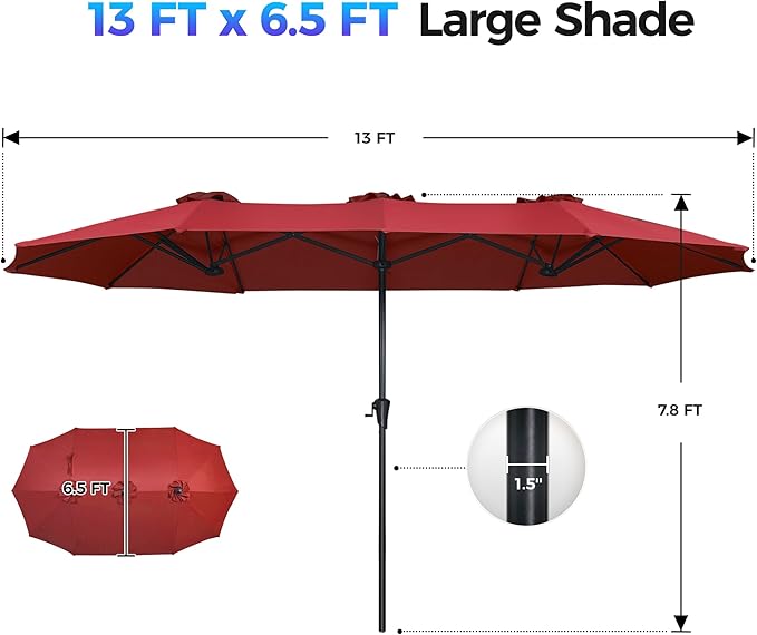 SUPERJARE 13FT Outdoor Umbrella for Patio, Double sided Pool Umbrellas with Fade Resistant Canopy, Large Table Umbrella for Deck, Market, Backyard - Burgundy