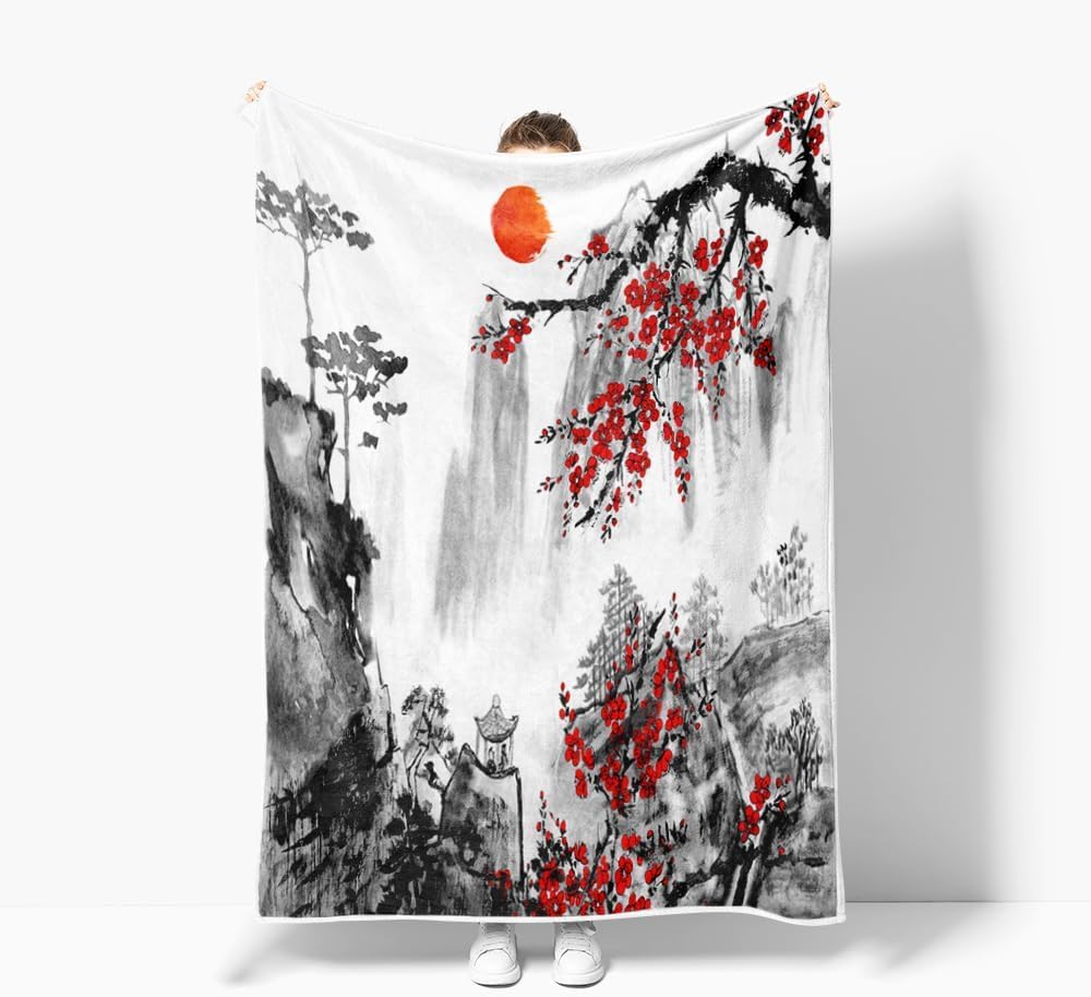 DYNH Japanese Cherry Blossom Blanket, Asian Japanese Wave Kanagawa Throw Flannel Blankets for Couch & Bed, Asian Anime Mount Red Sun Plush Cozy Fuzzy Travel Blanket 50" x 60"