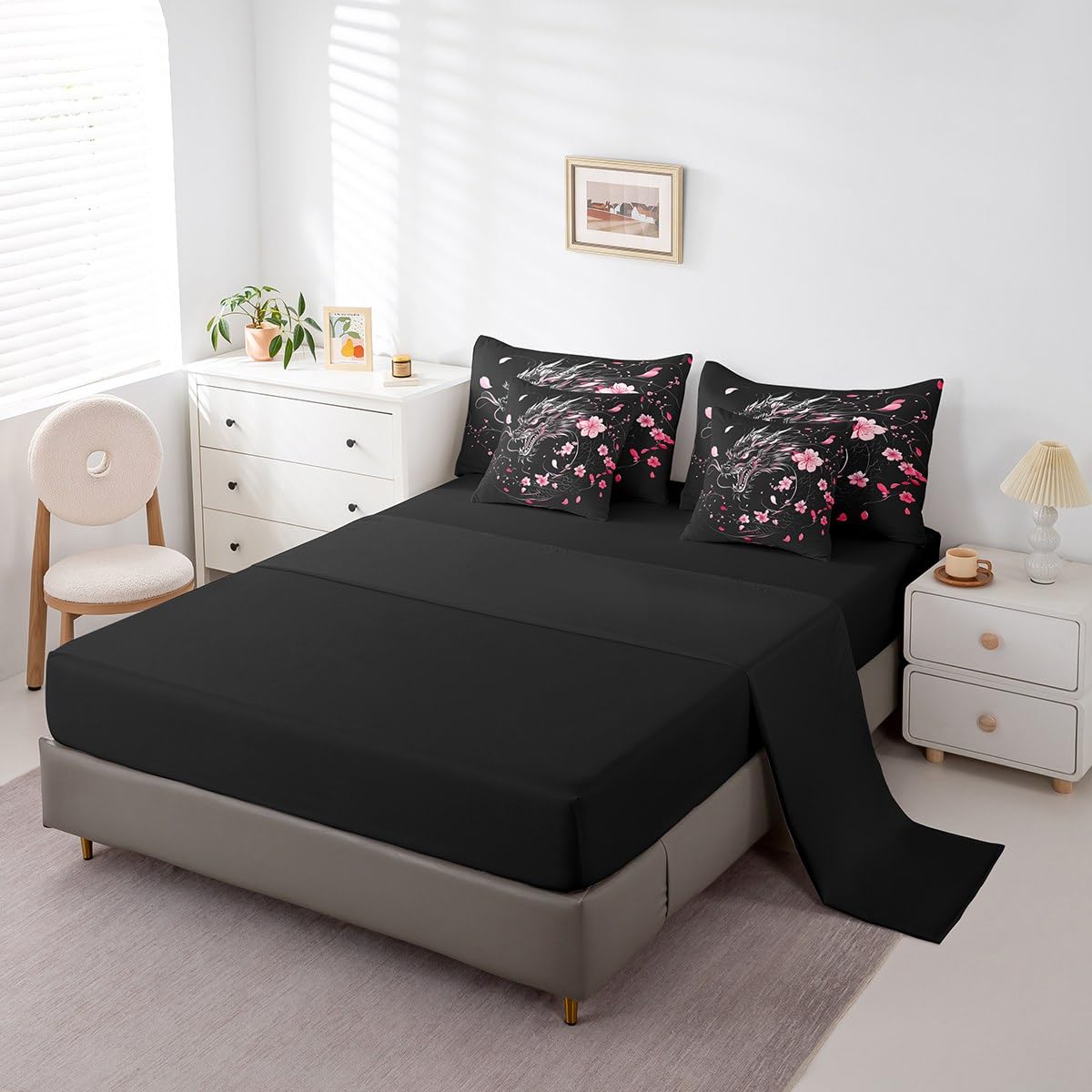 Erosebridal Sakura Dragon Bedding Set for Girls,Exotic Dragon King Comforter Set 7 Piece for Kids Boys Teen,Magical Animal Black Bed in A Bag Pink Cherry Blossom Japanese Style Bed Set