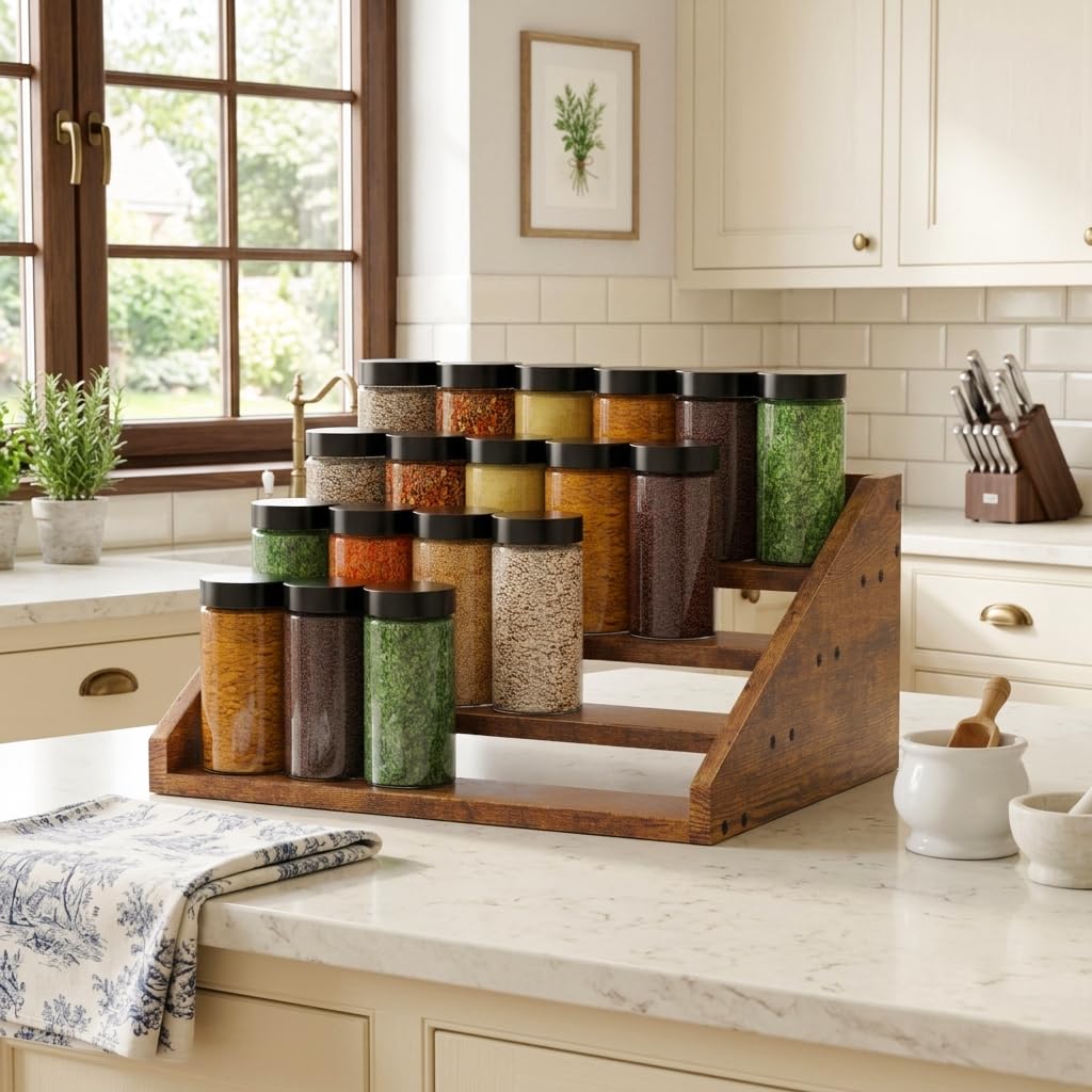 4 Tier Wood Spice Rack Organizer for Cabinet, Super Sturdy Display Riser Shelf Seasoning Organizer for Countertop Pantry Cupboard, Retro Storage Holder for Kitchen Condiment Jar Spice Container