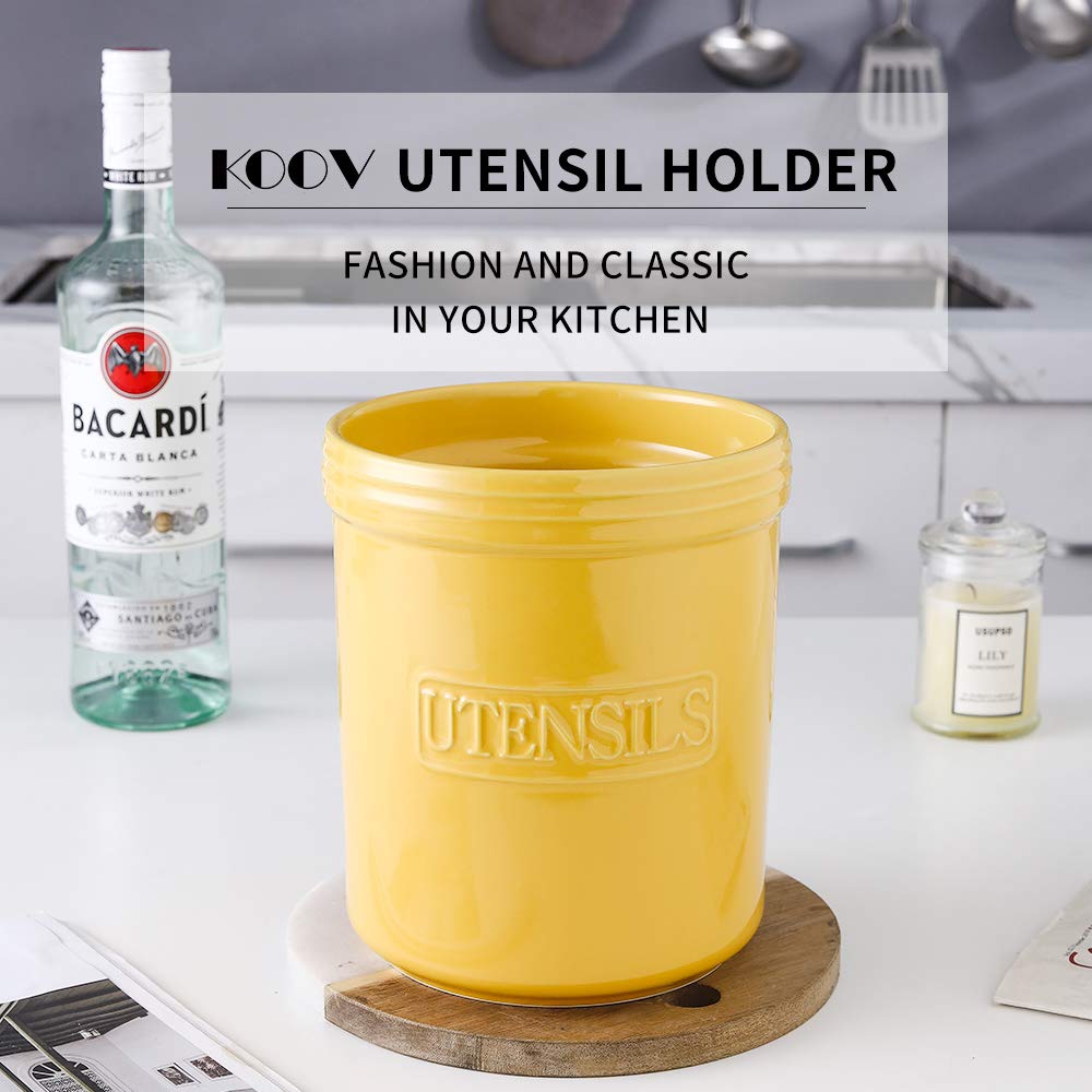 KOOV Cooking Utensil Holder, Large Ceramic Utensil Crock, Deep and Stable, Utensil Caddy for Countertop Letter Series (Yellow)