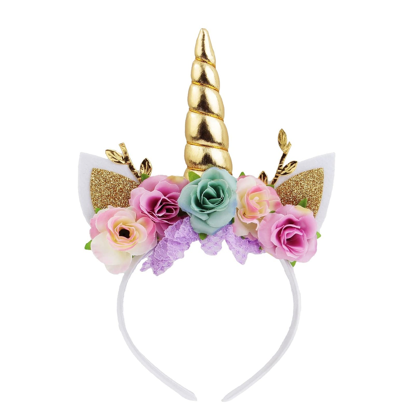 Nishine Unicorn Horn Floral Headband Glitter Ears Pony Head Bands Tiara for Girls Party Birthday Cosplay (Gold&Mint)
