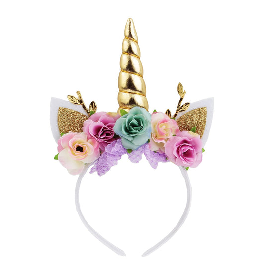 Nishine Unicorn Horn Floral Headband Glitter Ears Pony Head Bands Tiara for Girls Party Birthday Cosplay (Gold&Mint)
