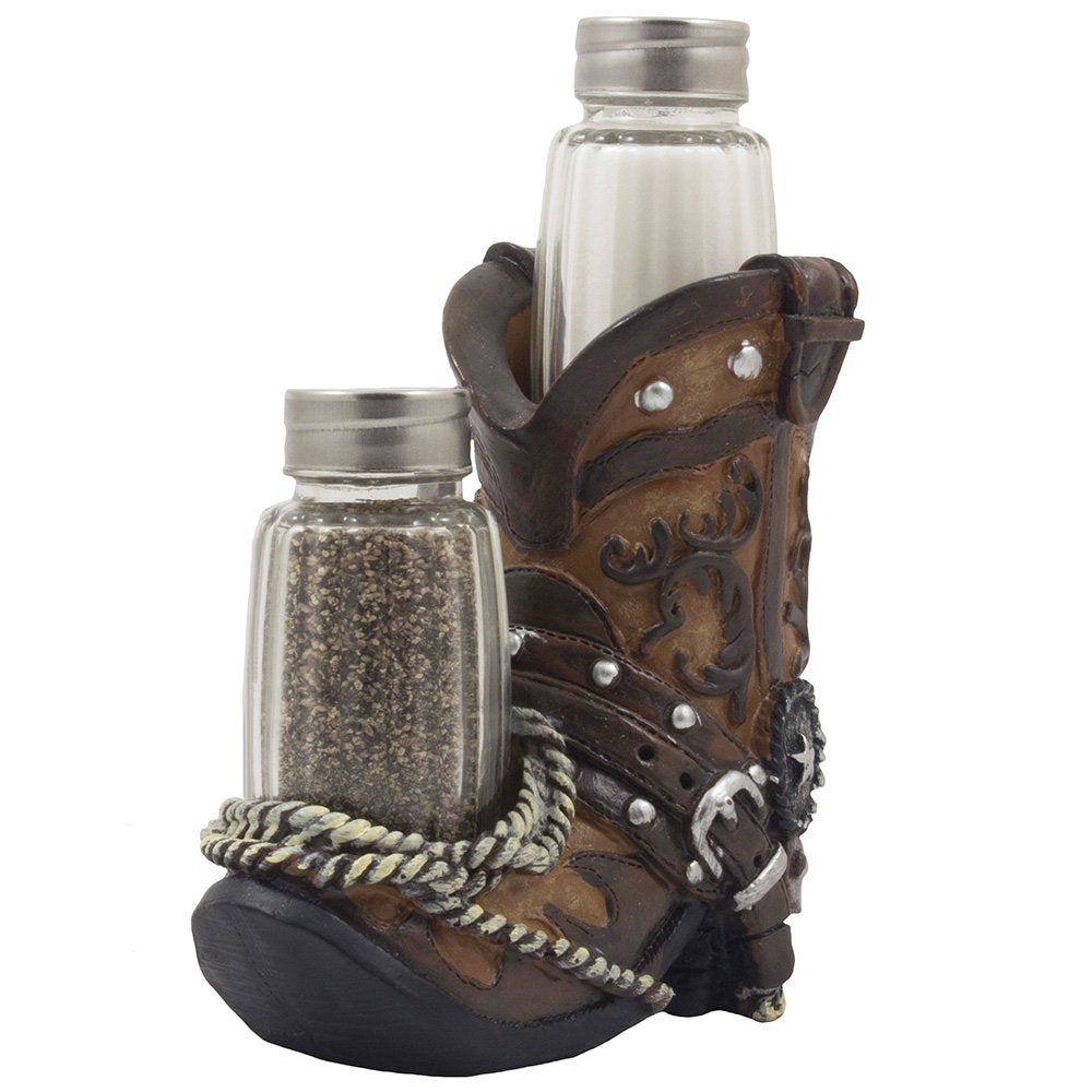 Fancy Cowboy Boot Salt and Pepper Shaker Set or Decorative Display Stand Figurine with Spur & Texas Star for Country Western Kitchen Decor and Table Centerpiece Decorations As Gifts for Cowboys