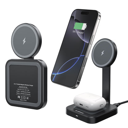 Esoulk 2 in 1 Magnetic Wireless Charging Station, Foldable Charger Stand for iPhone 17/16/15/14, AirPods Charging Pad, Travel Compact 15W Fast Wireless Charger