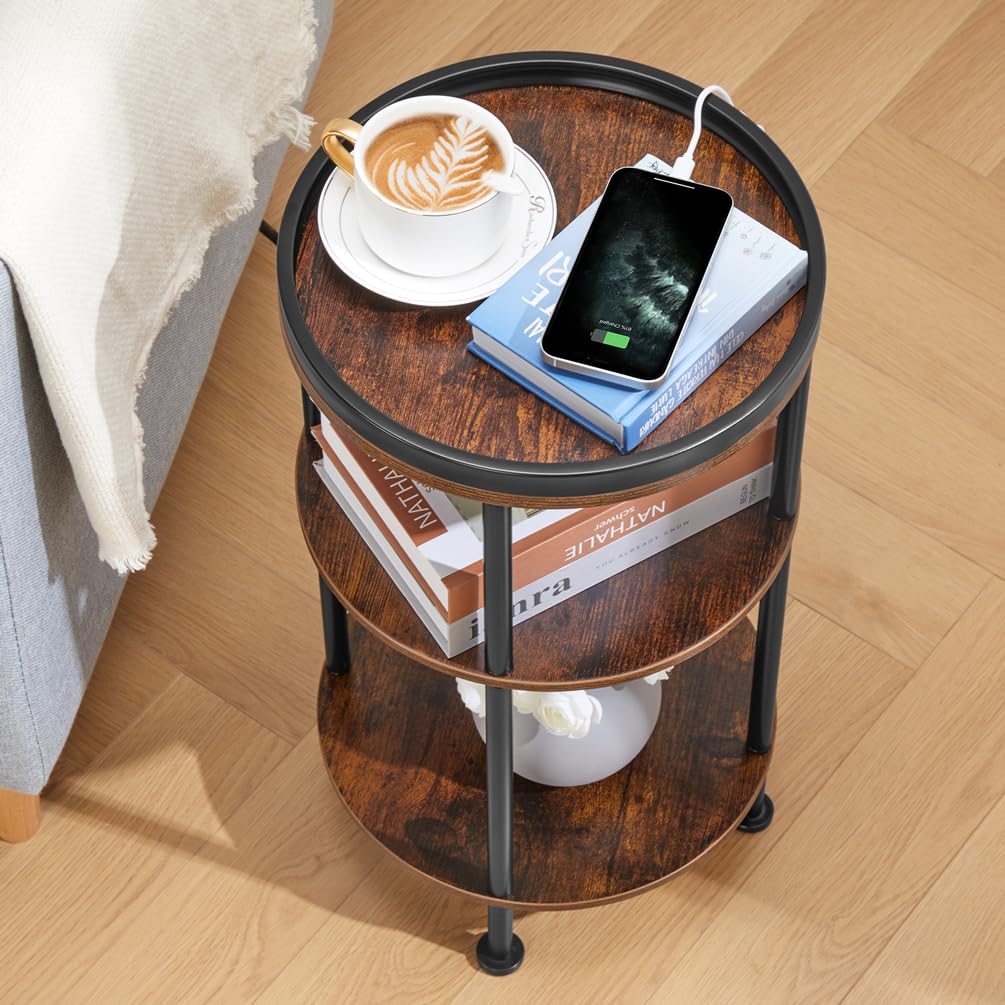 Small Round Side Table with Charging Station for Small Spaces, 3-Tier Round Accent Table with USB Ports & Power Outlets, Corner Table Sofa End Table for Living Room Bedroom (USB Charger, Rustic Brown)