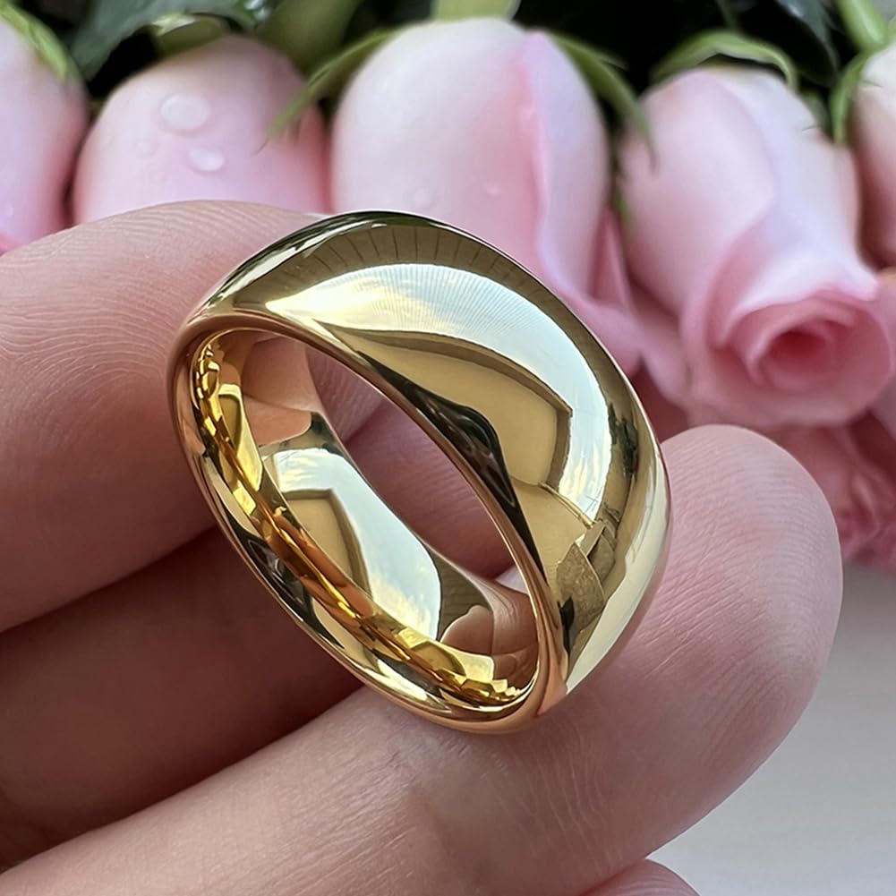 TUTISS 8mm Gold Tungsten Rings for Men Women Engagement Wedding Bands Domed Polished Comfort Fit Size 12
