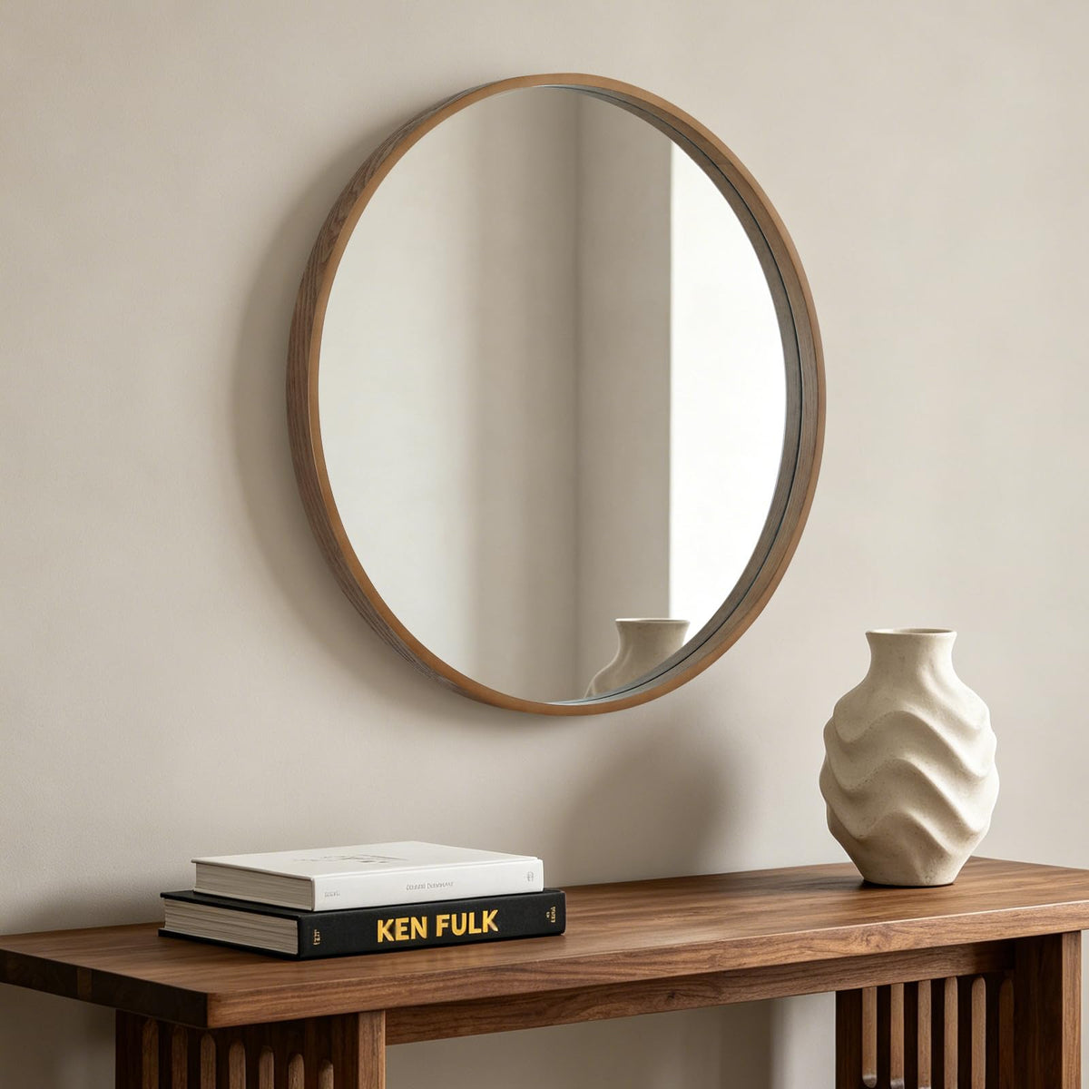 HOMECOOKIN Round Wood Mirror 28 inch Circle Mirror, Rustic Farmhouse Wooden Framed Decorative Wall Decor, Vanity Wall Mirror for Bathroom, Bedroom, Entryway, Living Room (Walnut)