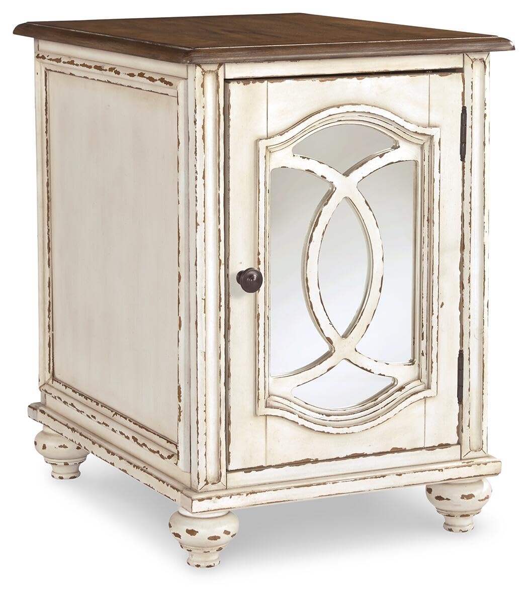 Signature Design by Ashley Realyn Chairside End Table, Living Room Side Table, Antique Two-Tone Mirrored Door, Ash Veneer, Wood and Engineered Wood, White/Brown, 18"W x 24"D x 25"H